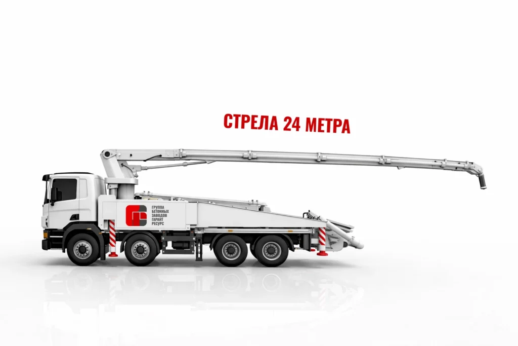 Автобетононасос со стрелой 24 м для подачи бетона на строительном объекте в Люберцах